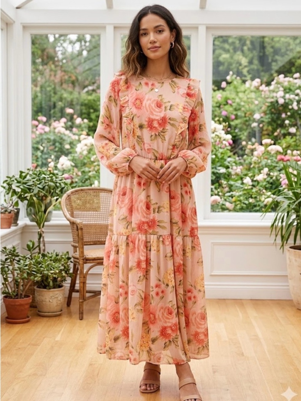 H&M Pink Floral Ruffle Maxi Dress